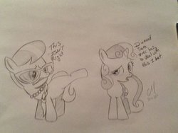 Size: 1024x768 | Tagged: safe, silver spoon, sweetie belle, g4, body swap, dialogue, monochrome, traditional art