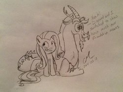 Size: 1024x768 | Tagged: safe, artist:craddlemaster, discord, fluttershy, g4, body swap, dialogue, traditional art