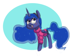 Size: 1280x937 | Tagged: safe, artist:verrmont, princess luna, alicorn, pony, lunadoodle, g4, blushing, clothes, crossover, female, gravity falls, mabel pines, male, open mouth, solo, sweater