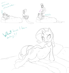 Size: 3000x3176 | Tagged: safe, artist:shdingo, rarity, sweetie belle, pony, unicorn, g4, bed, belly, butt, chubby, comic, dialogue, digestion, female, fetish, filly, filly prey, foal, high res, implied death, levitation, lineart, magic, mare, mare pred, monochrome, plot, raripred, sibling vore, simple background, sketch, sleep eating, sleeping, sweetieprey, telekinesis, thighs, unaware, vore, weight gain, white background