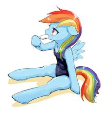Size: 1024x1231 | Tagged: safe, artist:siagia, rainbow dash, pegasus, pony, semi-anthro, g4, arm hooves, clothes, cute, dashabetes, female, mare, one-piece swimsuit, popsicle, school swimsuit, sitting, solo, swimsuit
