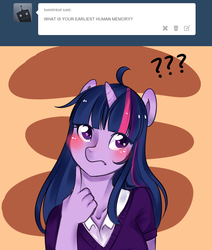 Size: 800x942 | Tagged: safe, artist:omgproductions, twilight sparkle, anthro, g4, ask, blushing, confused, female, frown, looking at you, question mark, solo, tumblr, twilight sparkle's journal