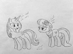 Size: 1024x768 | Tagged: safe, artist:craddlemaster, cheerilee, fleur-de-lis, pony, unicorn, g4, body swap, concave belly, dialogue, female, horn, mare, monochrome, slender, thin, traditional art