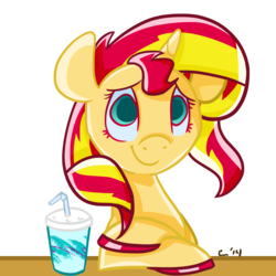 Size: 1000x1000 | Tagged: safe, artist:rivalcat, sunset shimmer, pony, unicorn, g4, colored pupils, cup, cute, date, looking at you, lunch, no catchlights, pov, shimmerbetes, simple background, smiling, solo, solo jazz, table, transparent background, when she smiles