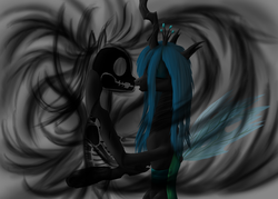 Size: 1400x1000 | Tagged: safe, artist:klystron2010, queen chrysalis, changeling, changeling queen, g4, duality, fanfic art, female, kissing, skeleton