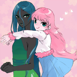 Size: 649x649 | Tagged: safe, artist:pasikon, queen chrysalis, oc, oc:fluffle puff, equestria girls, g4, canon x oc, equestria girls-ified, female, hug from behind, lesbian, pixiv, ship:chrysipuff, shipping