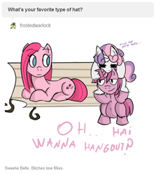 Size: 513x574 | Tagged: safe, artist:haute-claire, pinkie pie, ruby pinch, sweetie belle, pony, ask ruby pinch, g4, ask, bench, hat, pinkamena diane pie, ponies riding ponies, pony hat, riding, sweetie belle riding ruby pinch, sweetiehat, tumblr