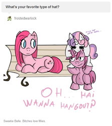 Size: 513x574 | Tagged: safe, artist:haute-claire, pinkie pie, ruby pinch, sweetie belle, pony, ask ruby pinch, g4, ask, bench, hat, pinkamena diane pie, ponies riding ponies, pony hat, riding, sweetiehat, tumblr