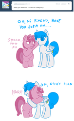 Size: 498x820 | Tagged: safe, artist:haute-claire, lightning bolt, ruby pinch, white lightning, pegasus, pony, ask ruby pinch, g4, ask, comic, female, hug, mare, tumblr