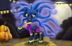 Size: 1224x792 | Tagged: safe, artist:evil-dec0y, mane-iac, princess luna, alicorn, pony, g4, clothes, cosplay, costume, female, halloween, insanity, looking at you, luna-tic, lunatic, mare, nightmare night, open mouth, solo