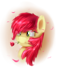 Size: 2400x3000 | Tagged: dead source, safe, artist:shamanguli, roseluck, earth pony, pony, g4, bust, female, flower, flower in mouth, high res, mare, messy mane, mouth hold, portrait, rose, rose in mouth, solo