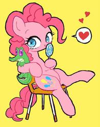Size: 486x620 | Tagged: dead source, safe, artist:semi-kon, gummy, pinkie pie, earth pony, pony, g4, chair, cute, diapinkes, female, heart, hoof hold, lollipop, mare, simple background, sitting, solo, speech bubble, yellow background