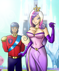 Size: 1908x2308 | Tagged: safe, artist:chillguydraws, princess cadance, shining armor, human, g4, big breasts, breasts, busty princess cadance, cleavage, clothes, crown, crystal empire, dress, duo, evening gloves, female, gloves, humanized, jewelry, long gloves, looking at you, male, regalia, ship:shiningcadance, shipping, smiling, straight, uniform