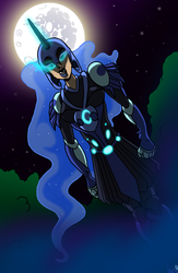 Size: 1241x1899 | Tagged: safe, artist:chillguydraws, nightmare moon, princess luna, human, g4, armor, badass, everfree forest, female, fog, glowing, glowing eyes, glowing eyes of doom, helmet, horn, horned humanization, humanized, mare in the moon, moon, night, solo, stars, tree