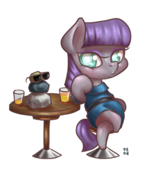 Size: 1705x1915 | Tagged: safe, artist:mrs1989, maud pie, rocky, g4, chibi, crossed legs, drink, duckface, looking at you, simple background, sitting, sunglasses, table, transparent background, vector