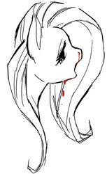 Size: 408x666 | Tagged: safe, artist:pasikon, fluttershy, pony, g4, aside glance, blood, bust, female, looking at you, looking back, looking back at you, mare, monochrome, nosebleed, open mouth, partial color, portrait, sketch, solo