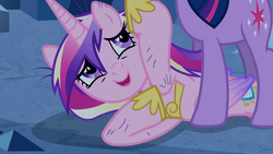 Size: 1280x720 | Tagged: safe, screencap, princess cadance, twilight sparkle, pony, a canterlot wedding, g4, cave, crystal caverns, duo, hoof shoes, messy mane, out of context, scratches, sisters-in-law
