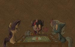 Size: 1280x804 | Tagged: safe, rarity, trixie, twilight sparkle, pony, unicorn, g4, askfillytrixie, board game, female, mare, monopoly