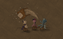 Size: 1280x804 | Tagged: safe, artist:fritzybeat, rarity, trixie, twilight sparkle, pony, unicorn, g4, askfillytrixie, board game, female, frown, mare, monopoly, rage quit, table flip