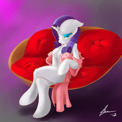 Size: 1050x1050 | Tagged: safe, artist:shnider, rarity, pony, unicorn, semi-anthro, g4, arm hooves, barbie doll anatomy, bathrobe, bedroom eyes, breasts, chest fluff, clothes, couch, duckface, female, floppy ears, looking at you, nightgown, nudity, pose, sitting, solo