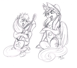 Size: 1106x979 | Tagged: safe, artist:carnivorouscaribou, applejack, princess cadance, g4, accessory swap, guitar, monochrome, open mouth, singing, sitting, sketch, smiling