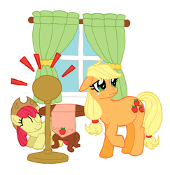 Size: 3027x3113 | Tagged: safe, artist:ironychan, apple bloom, applejack, g4, accessory theft, high res