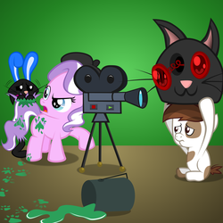 Size: 1635x1635 | Tagged: safe, artist:magerblutooth, diamond tiara, pipsqueak, oc, oc:dazzle, cat, g4, beret, camera, cat costume, clothes, colt, fear, female, filly, foal, green, green screen, hiding, male, male and female, paint, paint in hair, paint on fur