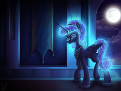 Size: 2000x1500 | Tagged: safe, artist:pirill, idw, derpy hooves, princess luna, alicorn, pony, g4, reflections, spoiler:comic, alternate hairstyle, artemis luna, clothes, constellation, female, frown, galaxy mane, glare, glowing, glowing mane, horn, horn ring, interior, mirror universe, moon, night, solo, tail wrap, tapestry, toga, unamused, walking, window