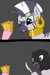 Size: 666x999 | Tagged: safe, zecora, zebra, g4, ear piercing, earring, female, gala ticket, gray background, hoof hold, jewelry, knife, mare, mask, meme, neck rings, op is a duck, out of character, piercing, racism, robbery, simple background