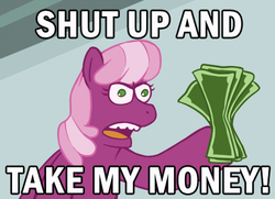 Size: 500x362 | Tagged: safe, artist:buryooooo, cheerilee, g4, attack of the killer app, female, futurama, male, meme, money, open mouth, pixiv, ponified meme, shut up and take my money, solo, style emulation