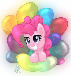 Size: 950x1020 | Tagged: safe, artist:joakaha, pinkie pie, g4, balloon, female, grin, solo, that pony sure does love balloons