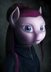 Size: 1400x1981 | Tagged: safe, artist:dahtamnay, pinkie pie, earth pony, semi-anthro, g4, alternate hairstyle, clothes, creepy, female, gothic, pinkamena diane pie, portrait, solo, three quarter view