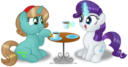 Size: 1024x535 | Tagged: safe, artist:aleximusprime, rarity, oc, oc:emerald charmer, g4, female, simple background, tea, tea party, transparent background