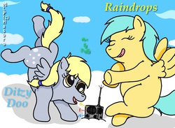 Size: 1280x938 | Tagged: safe, artist:dalmatian22, derpy hooves, sunshower raindrops, pegasus, pony, g4, cloud, cloudy, female, mare, music, radio, tongue out