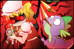 Size: 327x218 | Tagged: safe, artist:sweetsound, spike, g4, buzz lightyear, cropped, crossover, flandre scarlet, male, sweatdrop, this will end in tears and/or death, touhou, toy story, wing bite, woody