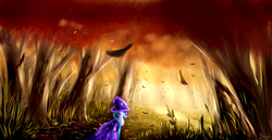 Size: 2900x1500 | Tagged: dead source, safe, artist:shamanguli, trixie, pony, unicorn, g4, autumn, female, forest, mare, scenery, solo