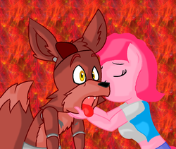 Size: 944x798 | Tagged: safe, artist:blonde-pony-lover, artist:cyberpikachu, artist:mojo1985, pinkie pie, fox, anthro, g4, crossover, crossover shipping, eyepatch, five nights at freddy's, foxy, kissing