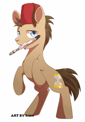 Size: 384x550 | Tagged: dead source, safe, artist:sion, doctor whooves, time turner, g4, doctor who, fez, hat, male, mouth hold, rearing, solo, sonic screwdriver