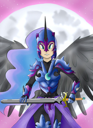 Size: 760x1050 | Tagged: safe, artist:alui, artist:knight-alui, nightmare moon, princess luna, human, friendship is magic, g4, female, horn, horned humanization, humanized, solo, sword, weapon, winged humanization