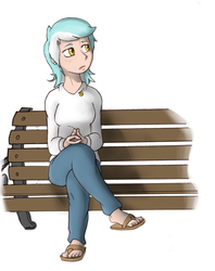 Size: 1220x1544 | Tagged: safe, artist:i am nude, lyra heartstrings, human, g4, bench, feet, female, humanized, sandals, sitting, solo
