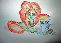 Size: 4382x3130 | Tagged: safe, rainbow dash, g4, brave (movie), disney, disney princess, filly, meeting, merida, princess, traditional art