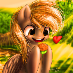 Size: 2000x2000 | Tagged: safe, artist:katputze, derpy hooves, pegasus, pony, g4, :d, female, happy, heart, high res, mare, muffin, open mouth, smiling, solo, underp