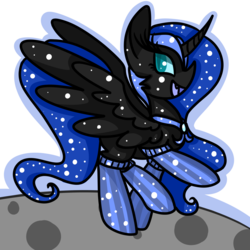 Size: 1200x1200 | Tagged: safe, artist:sugaropolis, nightmare moon, g4, clothes, curved horn, fangs, female, horn, socks, solo