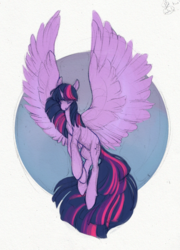 Size: 750x1041 | Tagged: safe, artist:noel, artist:ohnonoel, twilight sparkle, alicorn, pony, g4, colored sketch, eyes closed, female, flying, large wings, mare, sketch, solo, spread wings, twilight sparkle (alicorn)