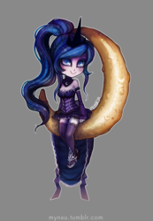 Size: 692x1000 | Tagged: safe, artist:mynxuu, princess luna, human, g4, chibi, clothes, corset, crescent moon, dress, female, humanized, moon, socks, solo, stockings, tangible heavenly object, thigh highs