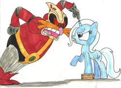 Size: 1744x1272 | Tagged: safe, artist:mylittletripod, trixie, pony, unicorn, g4, adventures of sonic the hedgehog, angry, cross-popping veins, crossover, doctor eggman, female, ham to ham combat, male, mare, sonic the hedgehog (series), traditional art, vein