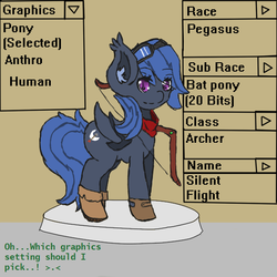 Size: 600x600 | Tagged: safe, artist:jadedpencil, oc, oc only, oc:silent flight, bat pony, pony, bow (weapon), hayven 11