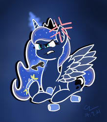 Size: 700x800 | Tagged: safe, artist:gndriver, princess luna, gamer luna, g4, angry, controller, female, gritted teeth, magic, prone, soda can, solo, spread wings, telekinesis