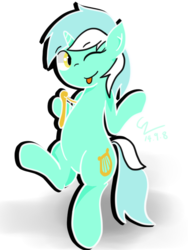 Size: 555x740 | Tagged: safe, artist:gndriver, lyra heartstrings, pony, g4, bipedal, female, lyre, solo, tongue out, wink