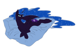 Size: 900x568 | Tagged: safe, artist:yoonny92, nightmare moon, alicorn, pony, g4, female, missing accessory, prone, smiling, solo, spread wings, stupid sexy nightmare moon